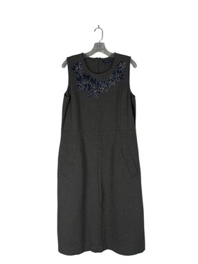 Lands' End Sheath Dress Women's 14 Tall Gray Navy Floral Embroidery Sleeveless